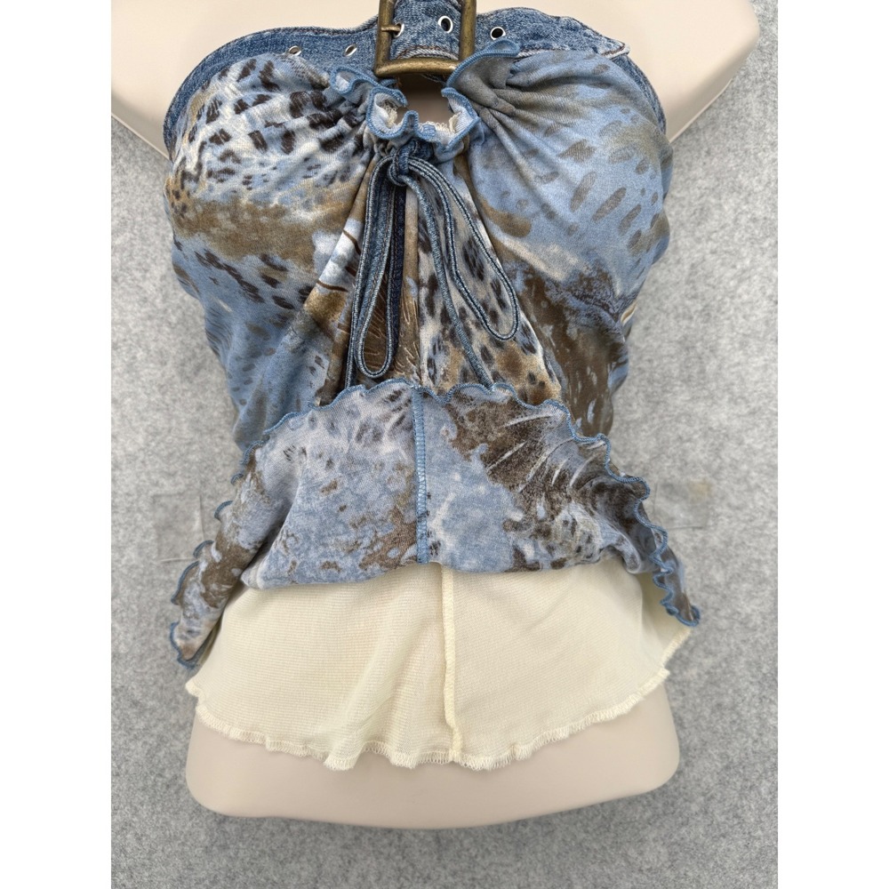 XOXO Jeans Y2K Tube Top Womens Large Blue Animal Print Denim Buckle Vintage - Picture 5 of 8